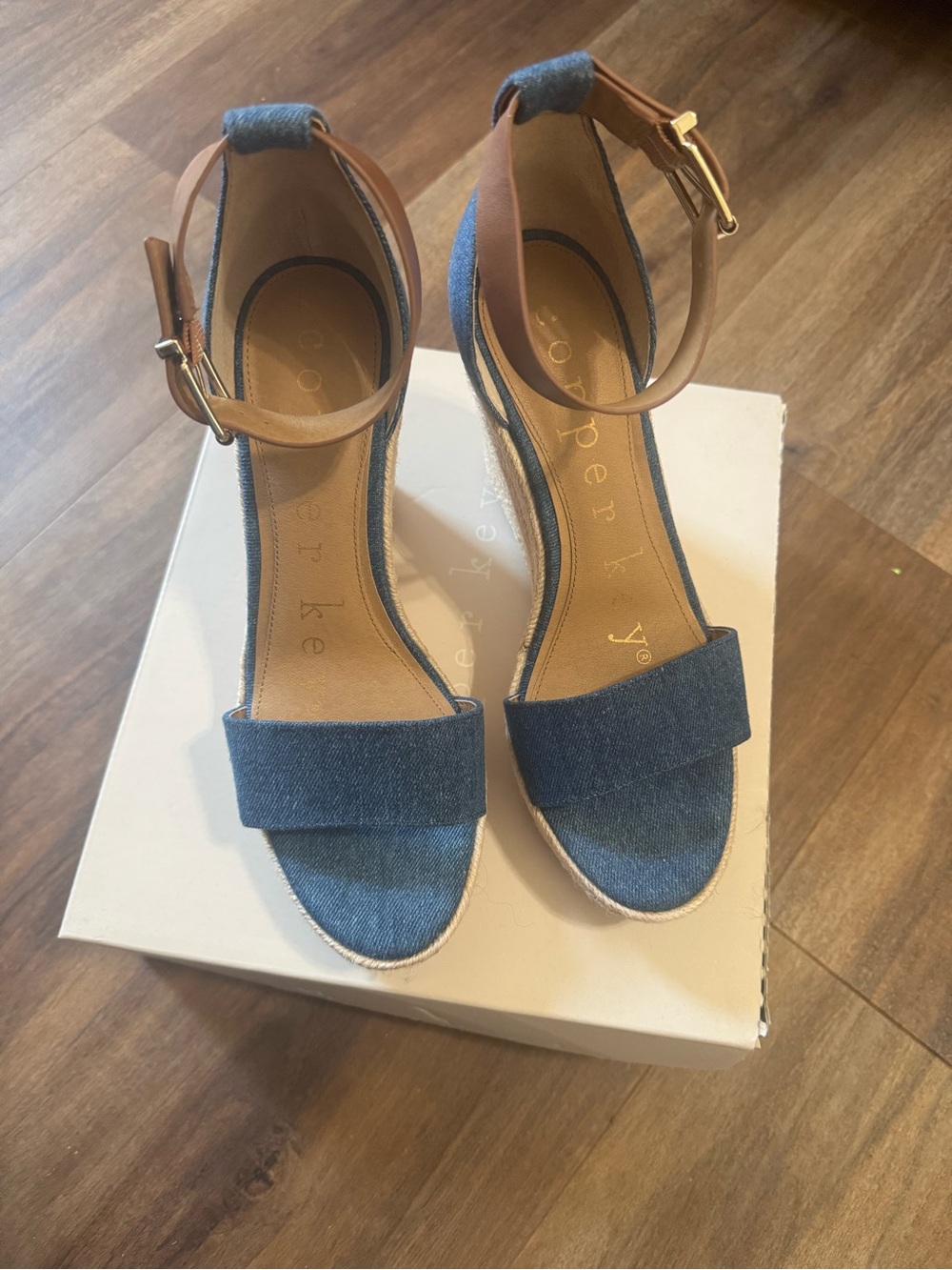 Copper Key Denim Blue Highland Espadrille Wedge Sandals with Tan Ankle Strap